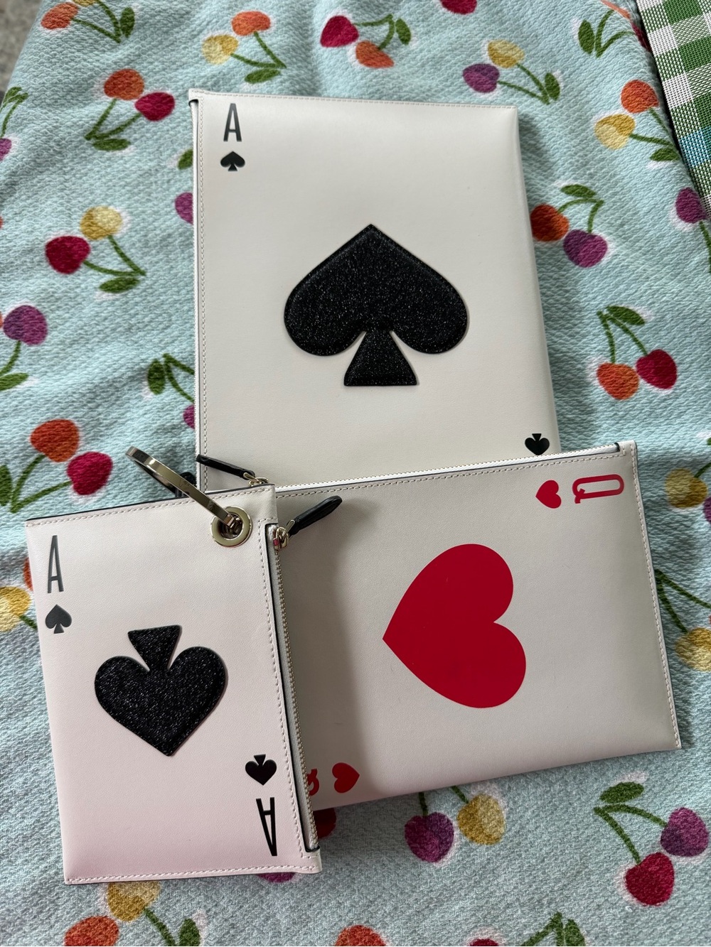 kate spade White Playing Card Trio Pouch Set with Black & Red Motifs